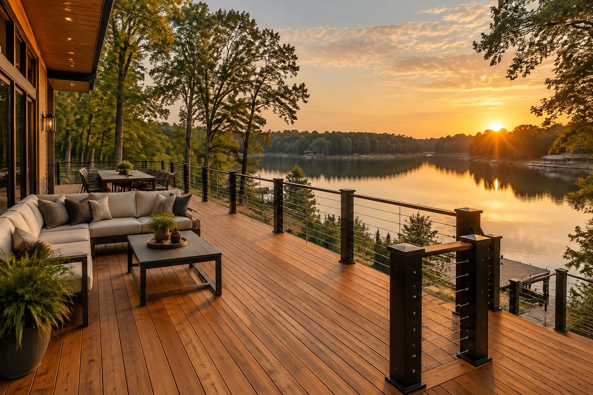 Custom wood deck with black cable railing overlooking an Ohio lake at sunset